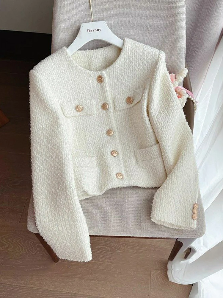 Zoki шикарные белые твидовые куртки женские повседневные милые корейские короткие