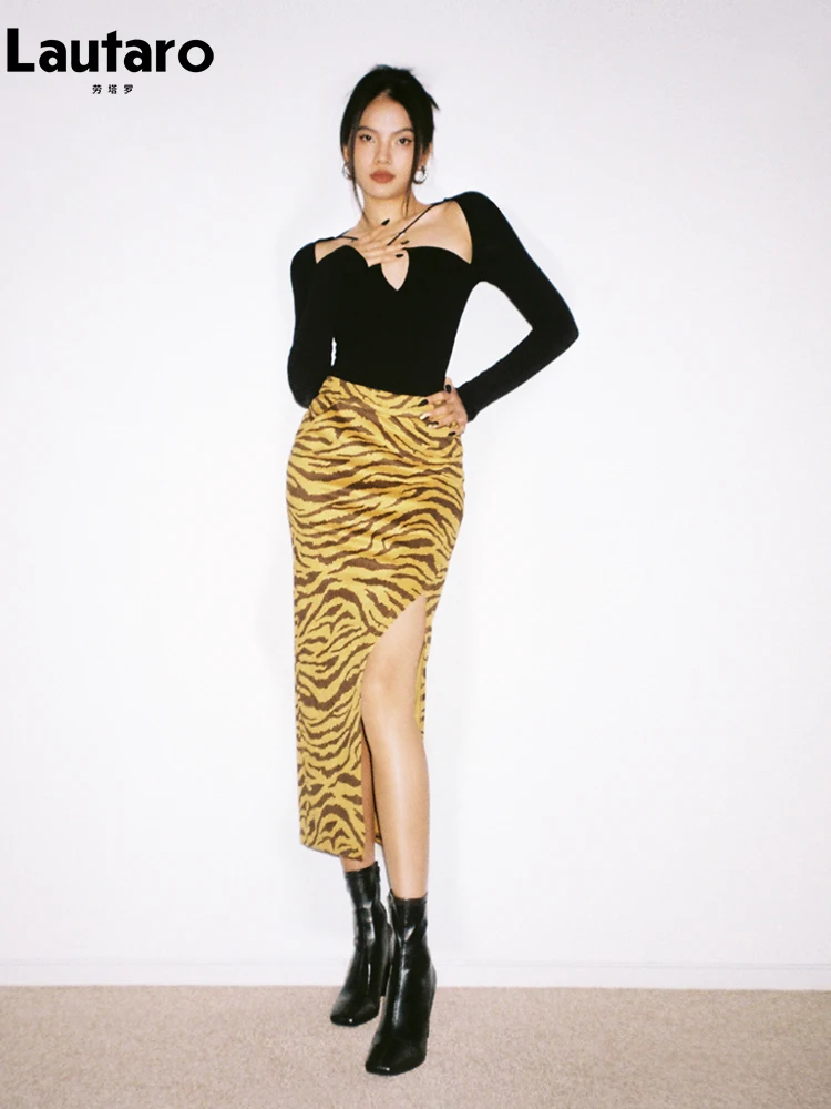 

Lautaro Весна Красочная мягкая желтая зебра Принт Замша Кожа Midi Юбка Женщины с боковой щелью с высокой талией Роскошная дизайнерская одежда 2023