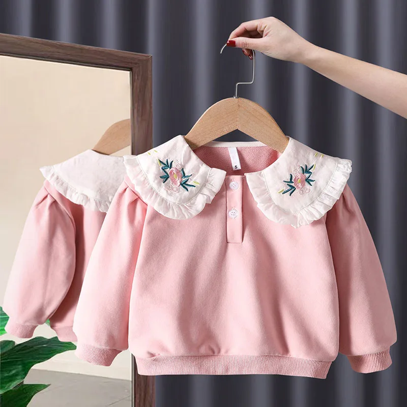 

Toddler Girls Sweatshirts Korean Style Fashion Embroidered Collar Pullover 1-6 Years Kids Sweat Jumpers Children's Tops Clothing