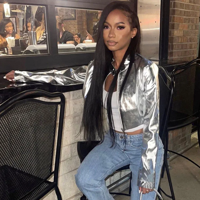 

Cozok Silver PU Faux Leather Jackets Women 2023 Autumn Fashion Stand Collar Zip Up Cropped Coats Punk Style Streetwear Outwear
