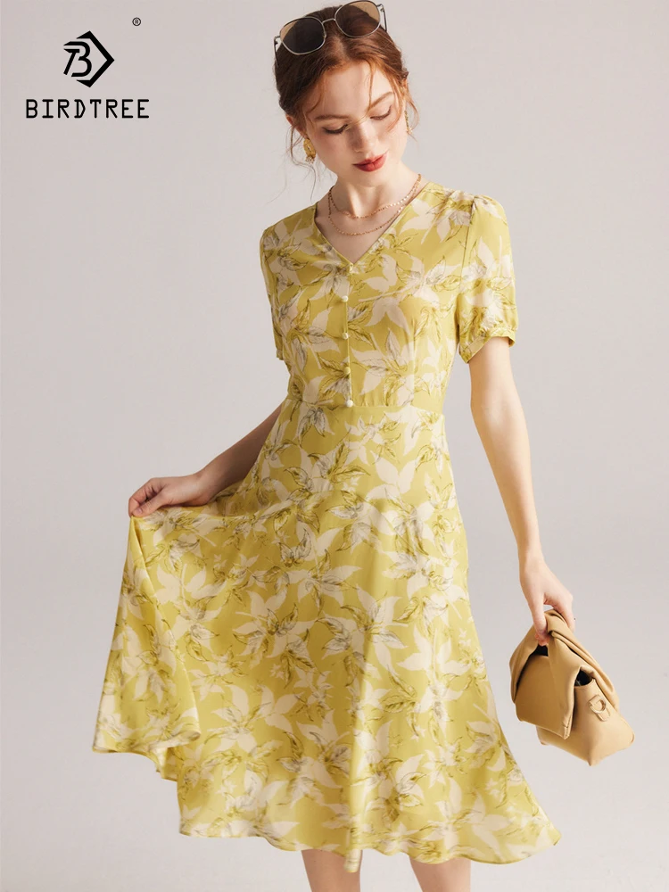Birdtree 100%Mulberry Silk Fragmented Flower Dress Women's 2023 Summer New Short Sleeve Waist Wrapped Holiday Skirt D37524QC