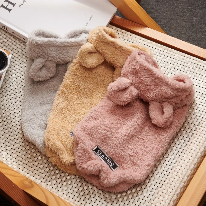 

Autumn and winter new dog clothes bear ears pet clothes solid color hooded thickened