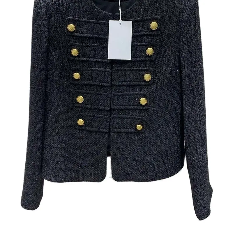 

Женская шерстяная куртка Y2K, винтажная простая двубортная приталенная куртка черного цвета с круглым вырезом, универсальная однотонная одежда в стиле ретро, Новинка