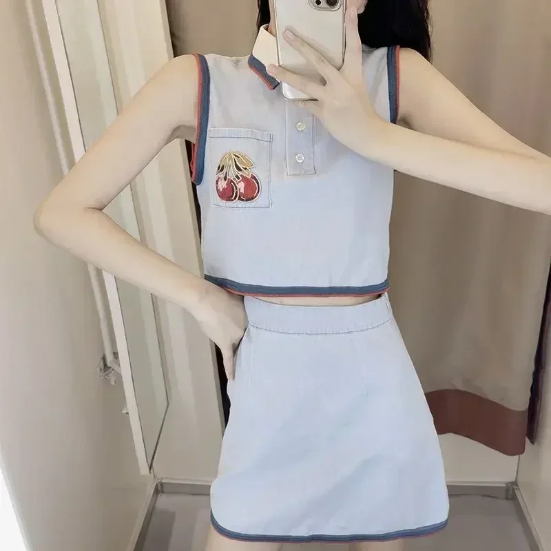 2024 женский летний новый модный короткий топ без рукавов с высокой талией юбка на