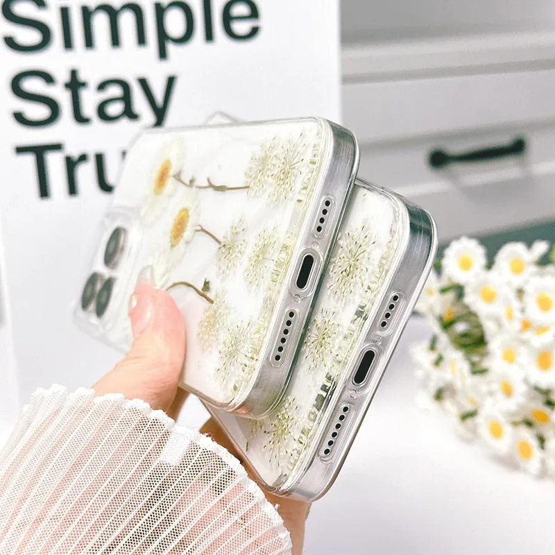 Чехол для телефона с настоящими сушеными цветами iPhone 16 Pro Max 15 14 13 11 12 Plus X XS XR 7 8