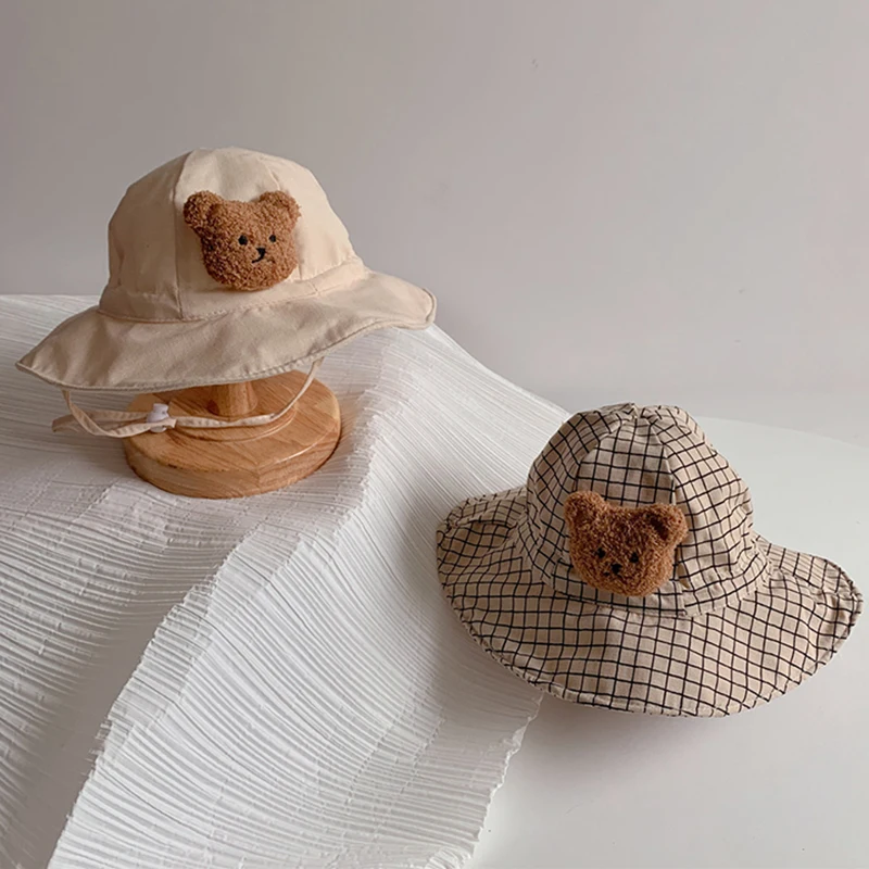 

Панама с мультяшным медведем для детей, хлопковая кепка рыбака, Пляжная уличная однотонная шапка от солнца в клетку для мальчиков и девочек,...