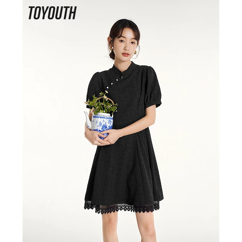 Toyouth Women Dress 2023 Summer Puff Sleeves Stand Collar Chinese Style Buckle Cheongsam Black Vintage Chic Miniskirt