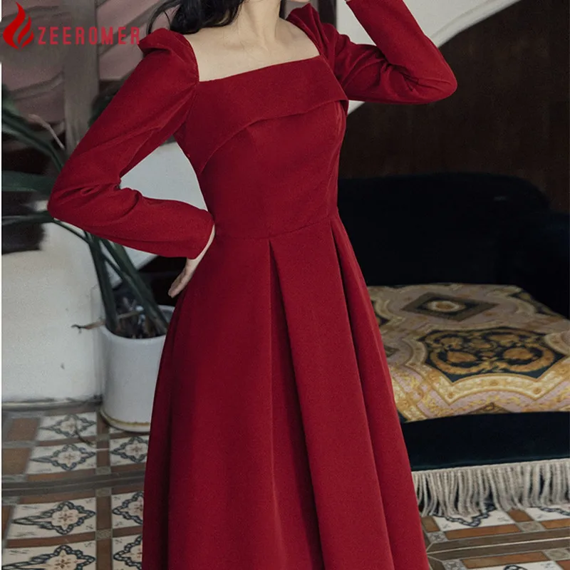 2022 Winter Restoring Temperament Midi Dress Women Wine Red  Square Collar Long Sleeve Velvet Married A Toast A-line Party Dress