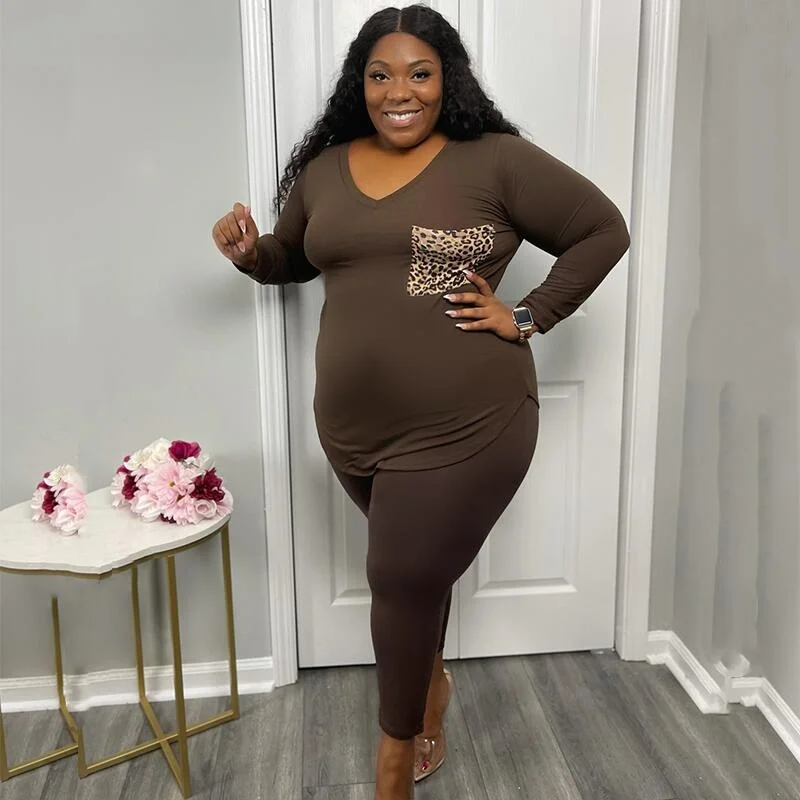Plus Size Women Clothing Fashion 5xl Long Sleeve Top and Pants Leopard Loungewear Knit Two Piece Set Wholesal 3xl 4xl 5xl 6xl