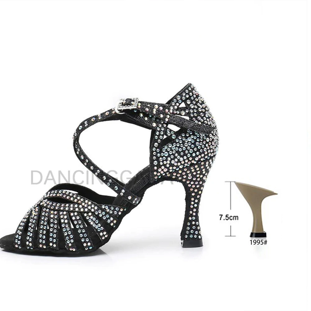 Black Shining Latin Dance Shoe Woman Ballroom Elegant Woman Shoes Salsa Dancing Ladies Sandals Woman 2022 For Girl High Heel 7.5