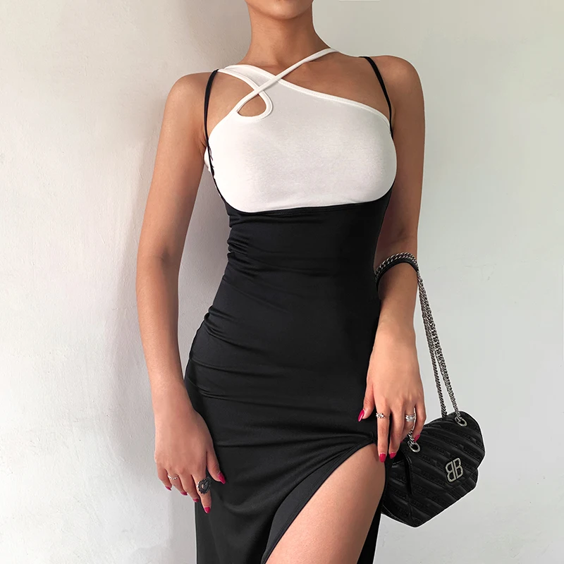 

2020European and American Sexy Hollow-out White Vest Waist-Tight Split Thigh-Exposed Mid-Length Black Dress Suspender Dress