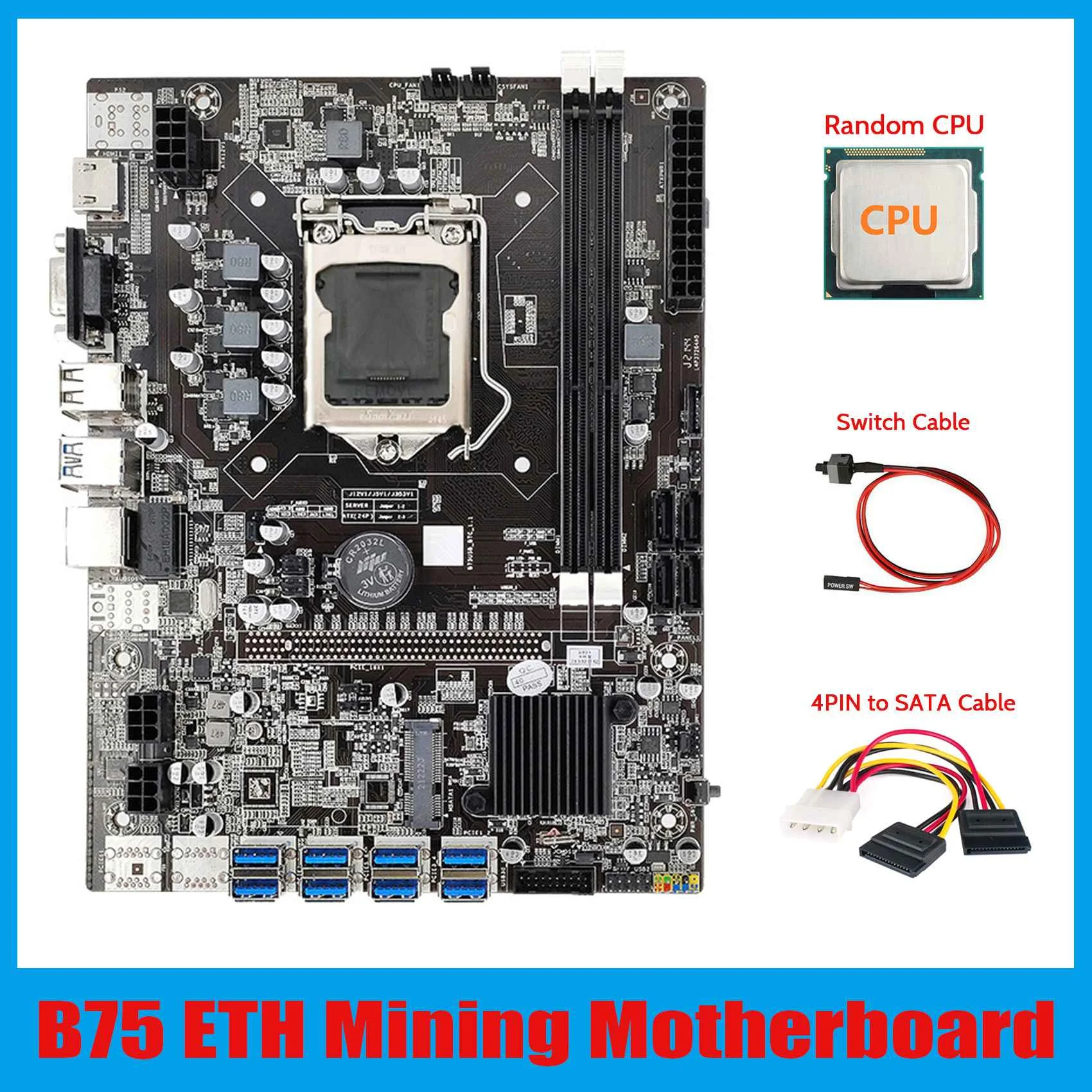 

Материнская плата B75 ETH 8XPCIE на USB + G1620 CPU + охлаждающий вентилятор + 6Pin на двойной 8Pin кабель LGA1155 B75 BTC Майнер материнская плата