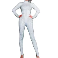 personality performance costume ladies white pearl jumpsuit backless long sleeve leotard dance stage outfit nightclub costumes