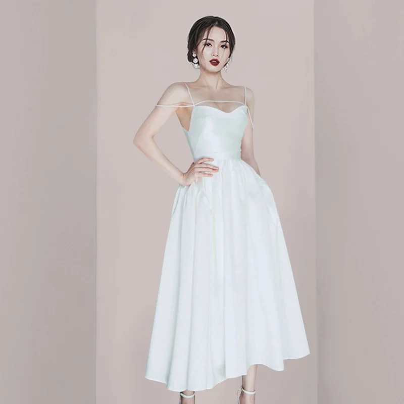 

2023 Summer Women's White Sexy Backless Sling Pleated Trumpet Waist Birthday Party Dress