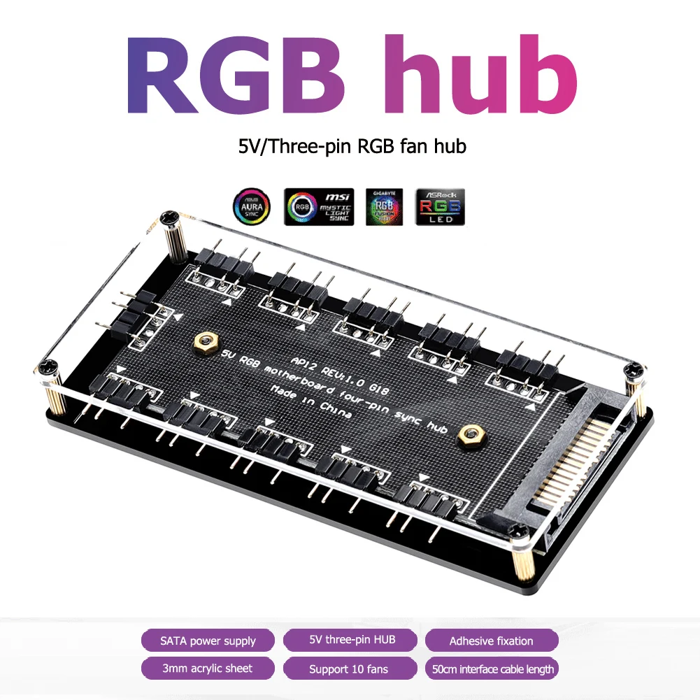 

10-портовый RGB-вентилятор, концентратор для ПК, настольного компьютера, 5 В, 3-контактный удлинитель ARGB, разветвитель SATA, внешний разветвитель ...