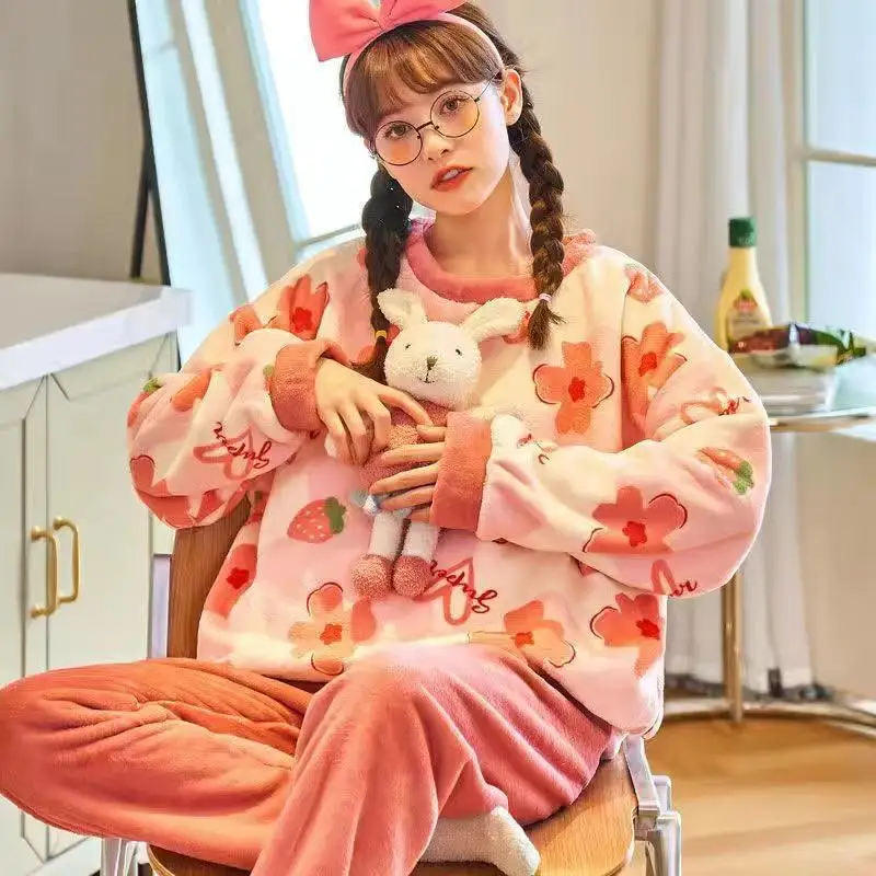

Long Sleeved Thickened Plush Coral Velvet Women's Pajamas Suit Winter Warm Flannel Nightshirt Cartoon Female Home Wear Set