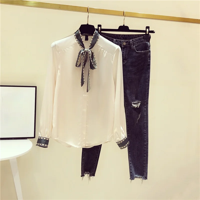 Bow Neck Chiffon White Women Shirts Summer New 2021 Lace Solid Long-Sleeved Elegant Office Lady Outwear Tops enlarge