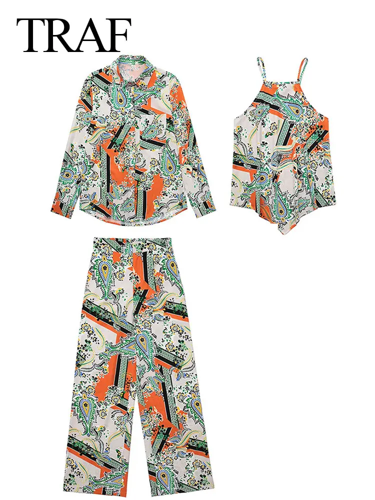 

TRAF High Street Fashion Beach Resort Style Print Suit Irregular Hem Sling Straight Shirt Wide Leg Pants Women's Clothing