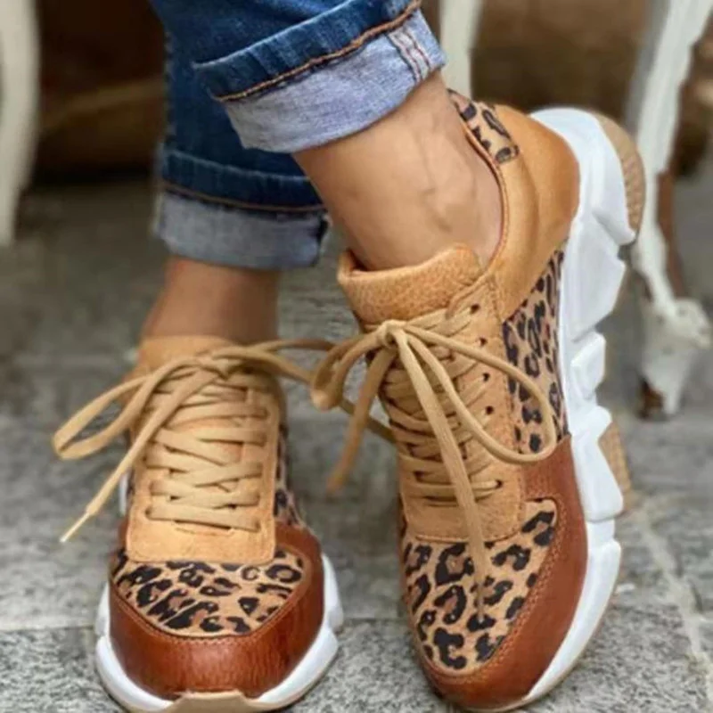 

Plus size 36-44 New Thick-soled Round Toe Low-top Leopard Print Women's Singles Cross-large Stitching Lace-up Sneakers