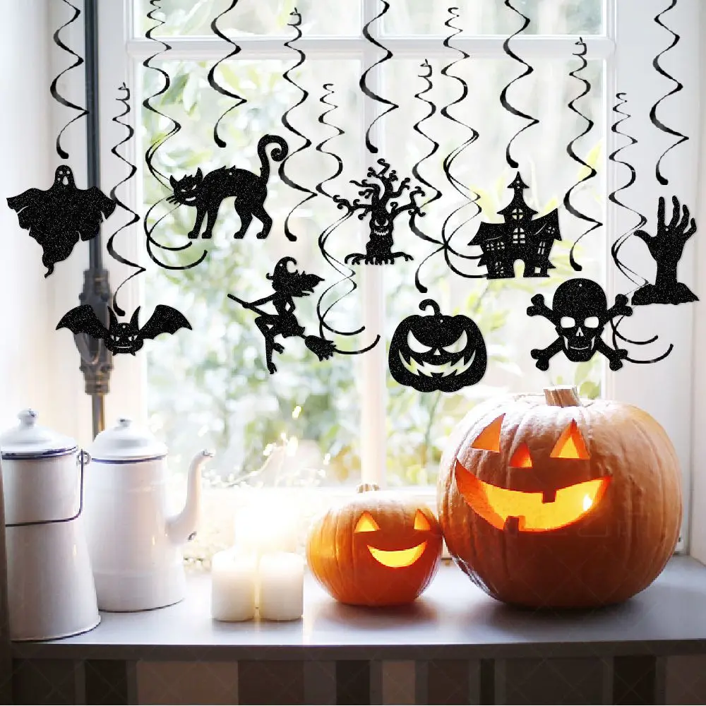 

Halloween Swirls Spiral Pendants Horror Bat Ghost Spider Witch Pumpkin Banners Happy Halloween Ghost Festival Party Decor