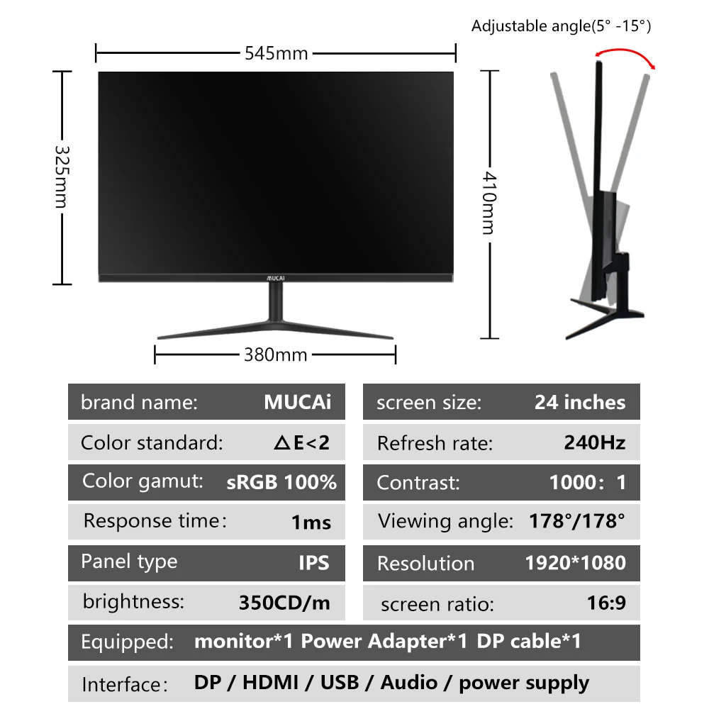MUCAI 24 Inch Monitor 240Hz LCD Display PC IPS FHD Desktop Gamer Computer Screen Flat Panel HDMI-compatible/DP/1920*1080 images - 6