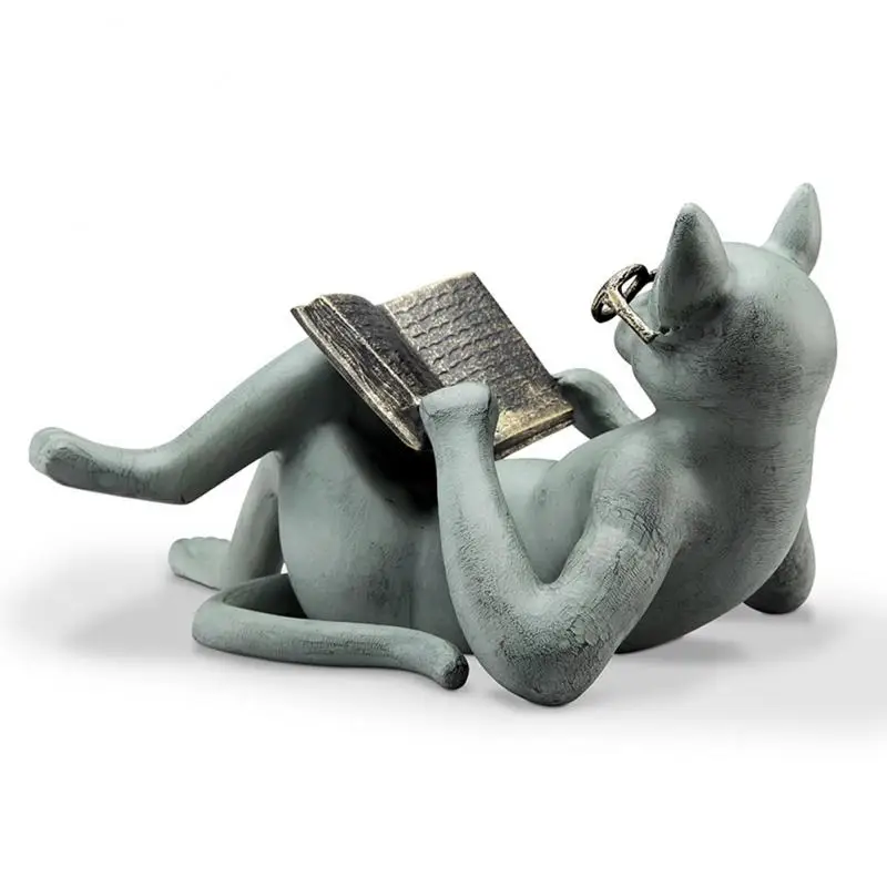

New Cat Figurine Reading Cat Statue Glasses Animal Cat Literature Art Sculpture Micro Decoration Garden Home Office Ornament