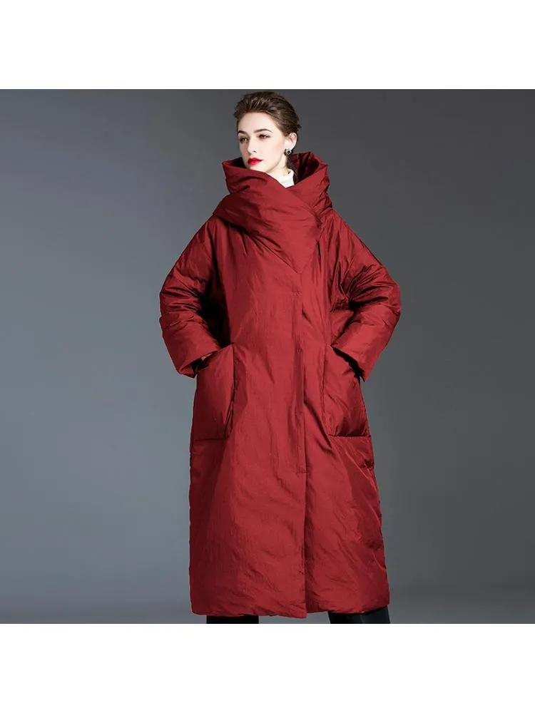 2022 Winter Korean Version Long Thicked Hooded 90 White Duck Down Coats Women High End Loose Black Warmer Bread Cloth Jackets