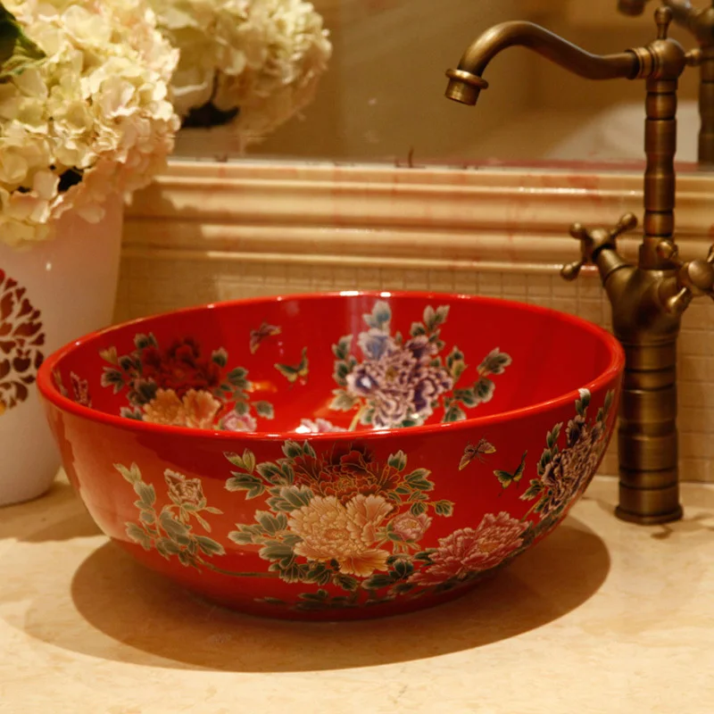 

China Painting peony Ceramic Art Basin Sinks Counter Top Wash Basin Bathroom Vessel Sinks Vanities jingdezhen bathroom washbasin