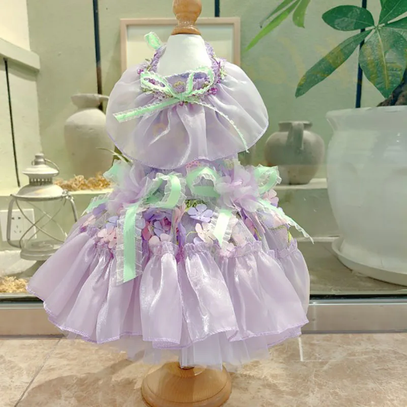 

2023 летняя одежда для собак и кошек, модное кружевное платье ручной работы с фиолетовыми вышитыми цветами на бретельках для маленьких и средних собак, пуделей