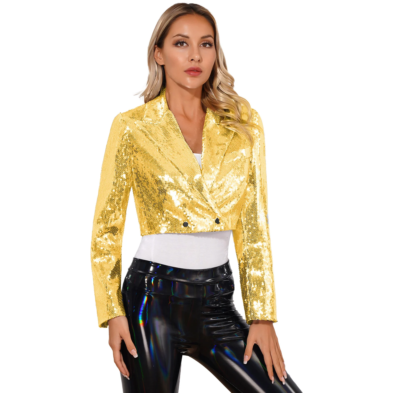 

Womens Sparkly Sequin Blazer Crop Jacket Jazz Dance Performance Costume Peaked Lapel Long Sleeve Fully Lined Outercoat Clubwear