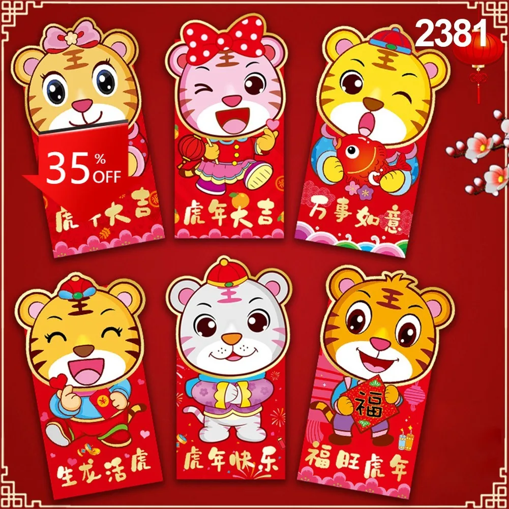 

6 шт. красный конверт 2022 год Тигра красный пакет Новогодняя прибыль печать мультфильм красный конверт для весеннего фестиваля