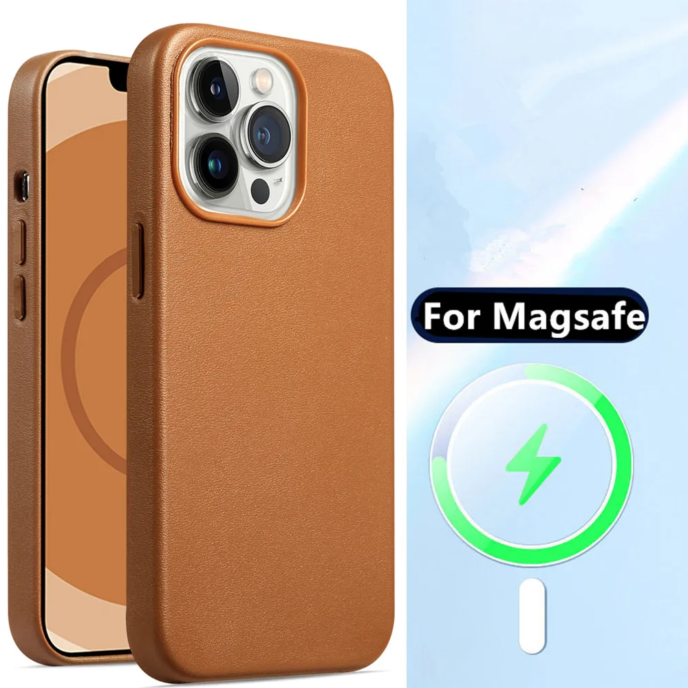 

Luxury Leather Phone Case For Magsafe For iPhone 14 Pro Max 13 12 Metal Button Magnetic Wireless Charging Armor Full Cover