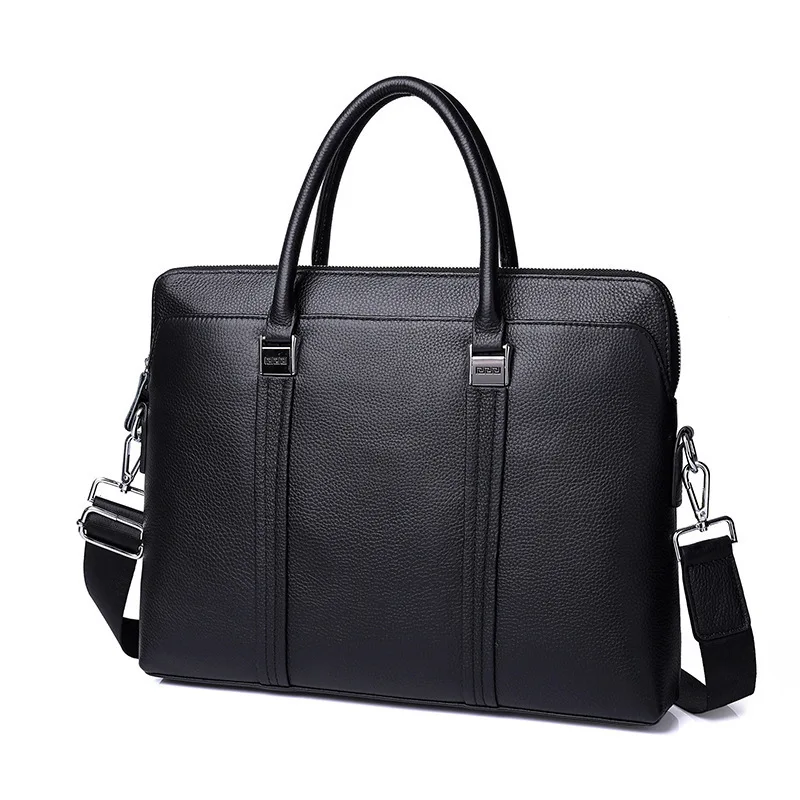 Genuine Leather Simple Briefcase Men Business Handbag Cowhide Leather Shoulder Bag 14-Inch Laptop Bag For Male