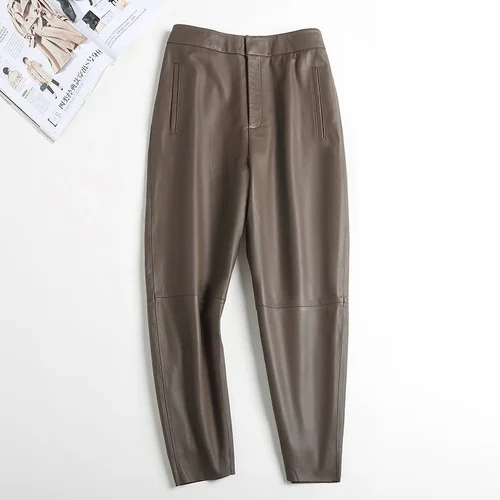 

Luxury brand Genuine Leather 2023 Long Small Foot Streetwear Women Trousers Korean Harem Baggy Pants Zm