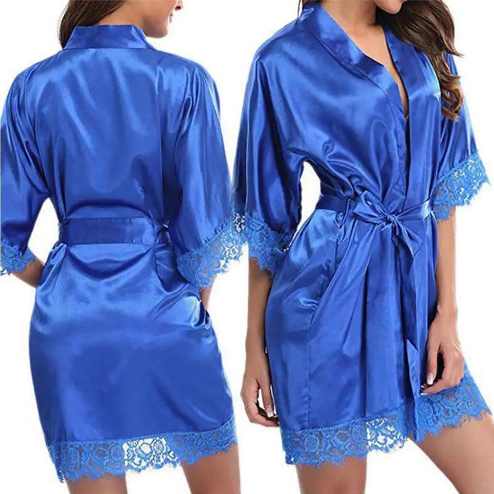 

Women's Translucent Nightgown Sexy Half Sleeve Lace Stitching Silky Satin French Romance Bathrobe Nightwear Leisure Home Clothes