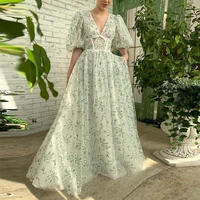 xijun embroidery lace long prom dresses v neck puff sleeves a line wedding party dresses bow ties formal evening gowns