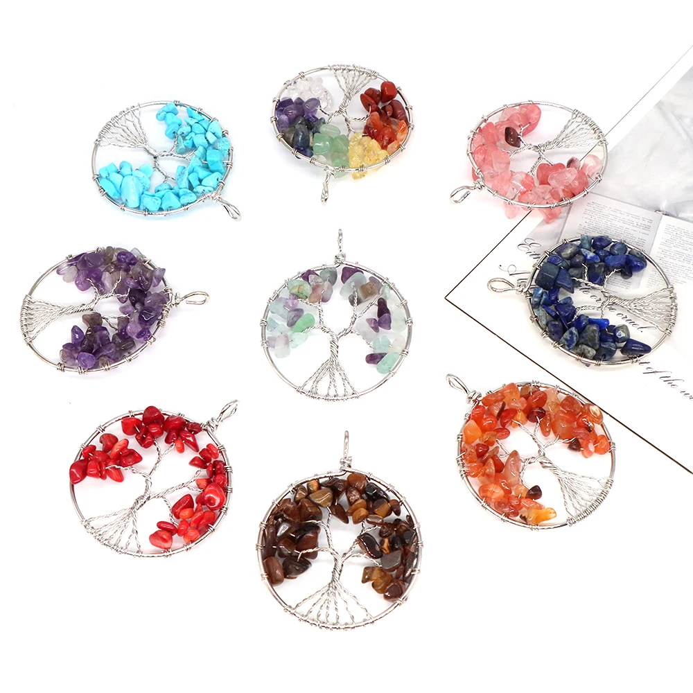 Кулон в виде дерева жизни из натурального камня 50 мм, ожерелье ручной работы с 7 чакрами, кристаллами аметиста, цветное агатовое ожерелье, аксессуары, свадебные украшения