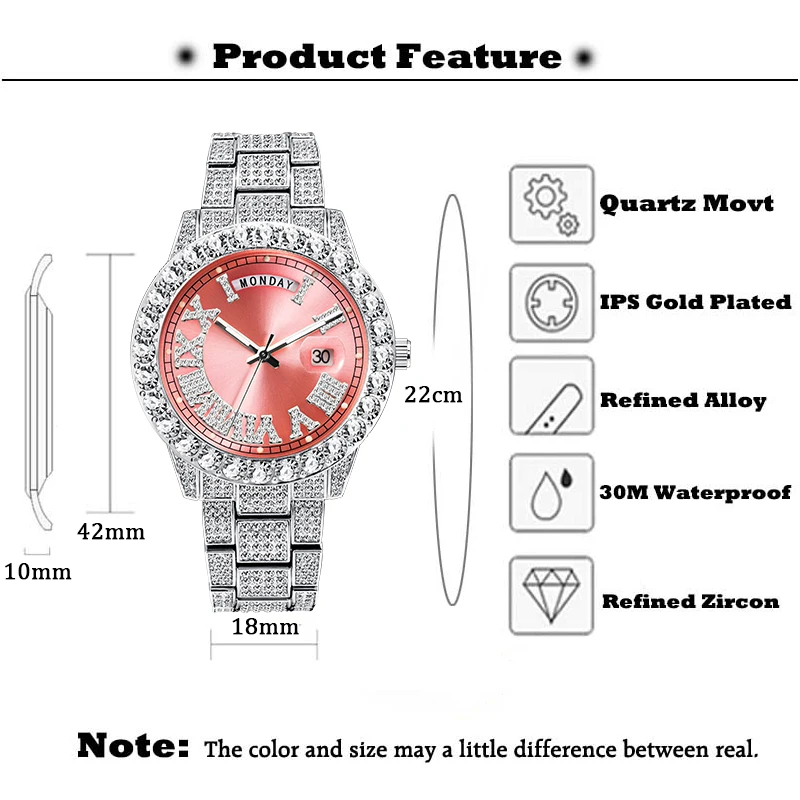 Pink Watch For Women Luxury Cute Large Dial Ladies Quartz Watches With Date Day Display Diamond Party Jewelry Clock Droshipping