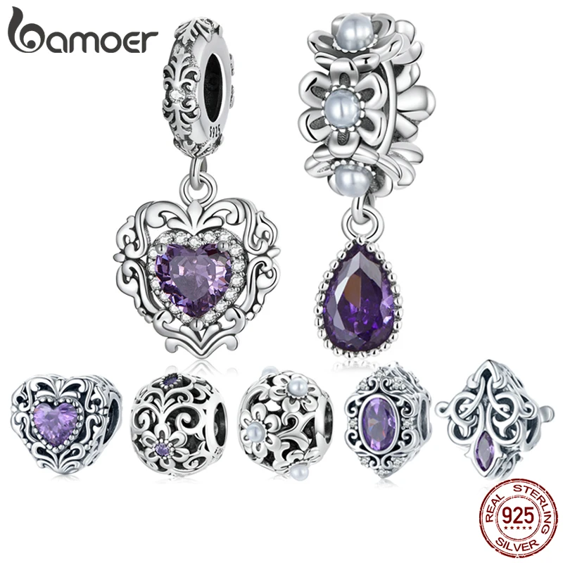 BAMOER 925 Sterling Silver Purple Shining Stone Collection Charms Love Drop Pendant fit for Charm Bracelet Vintage Pattern Beads