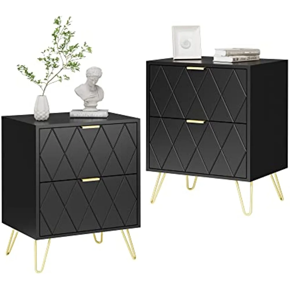 

Black Nightstand, End Side Table, Mid Century Modern Bedside Table with 2 Drawers Night Stand Metal Legs for Bedroom Living Room