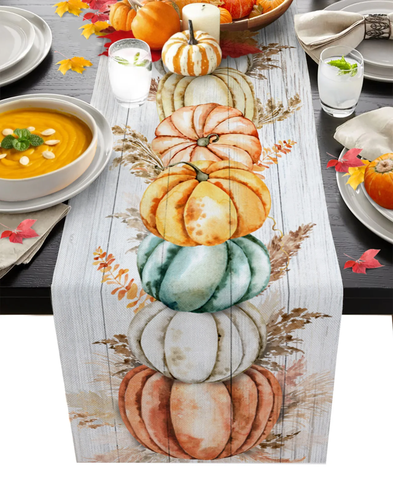 

Thanksgiving Pumpkin Autumn Wood Grain Table Runner Wedding Party Dining Table Cover Placemat Napkin Home Kitchen Decoration
