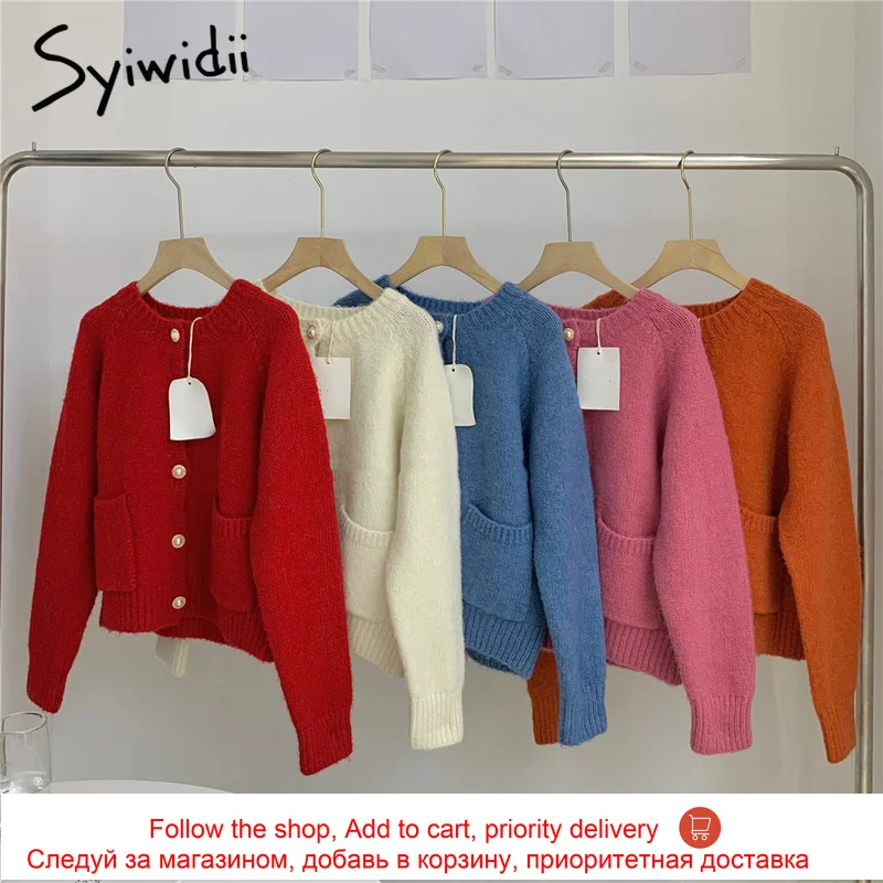 Женский вязаный кардиган повседневный короткий свитер с круглым вырезом и