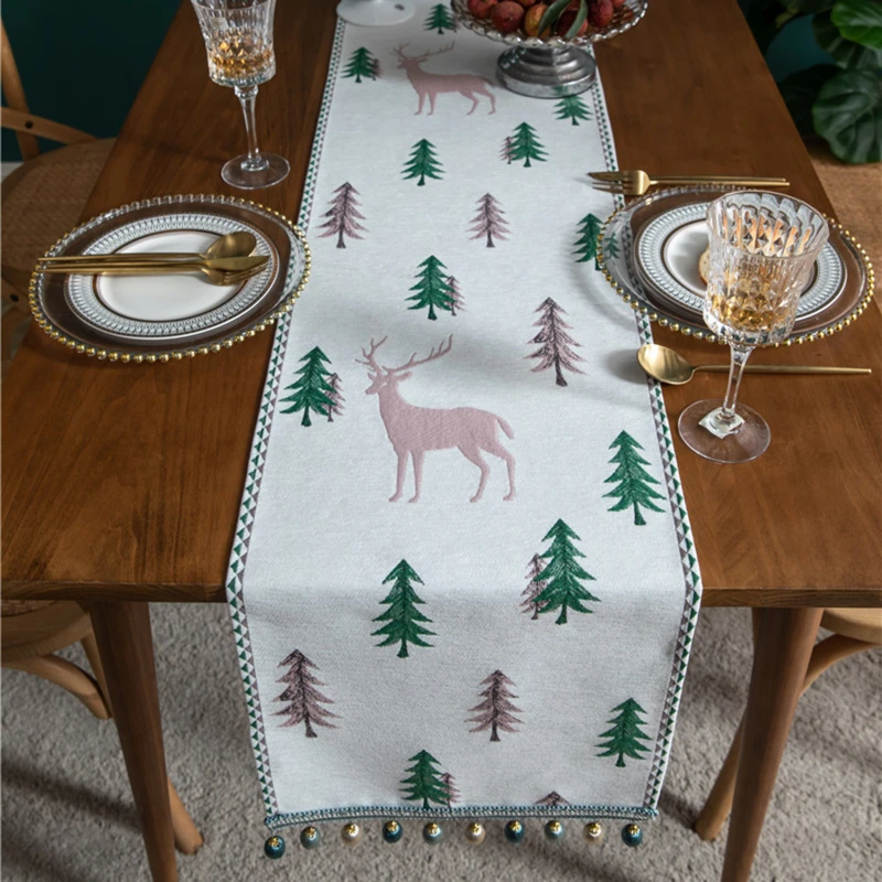 

Christmas Table Runner Chenille Tassel Table Cloth Table Runner Christmas Tree Embroidery Exquisite Home Decoration