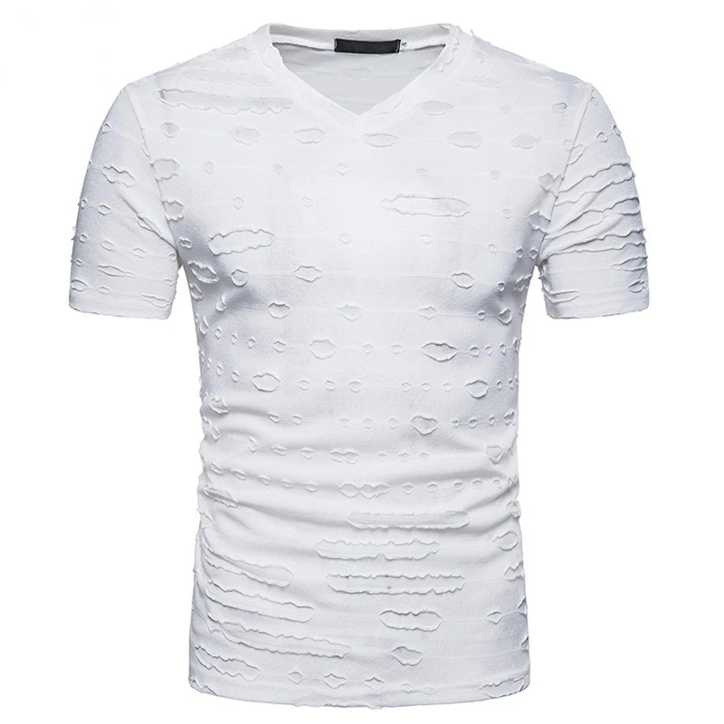 

Summer New Men T-shirt V Neck Fashion Comfortable White Black Ripped Hole Hip Hop Slim Male Short Sleeve Top Streetwear