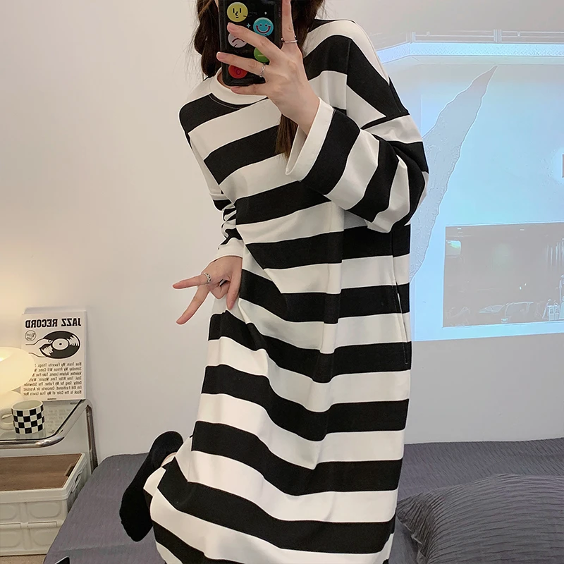CAIYIER 3XL Winter Koren Blue Stripe Nightdress Long Sleeve Simple Sleepdress Female Loose Nightgowns Girls Soft Bathrobe Pajama