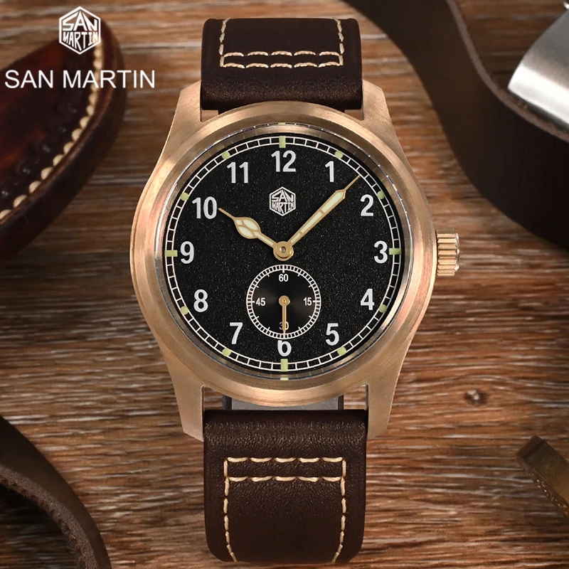 

San Martin 37mm Vintage CuSn8 Bronze Diver Luxury Men Watch RONDA 6004 Men's Quartz Watch Sapphire Crystal 10Bar Leather Strap