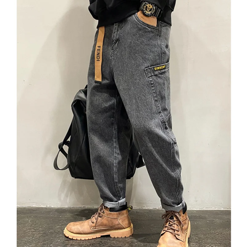 Men Clothing New Pattern Recreational Vintage Broad Leg Black Grey Jeans Straight Cylinder Large Loose Cargo Pants Autumn Female