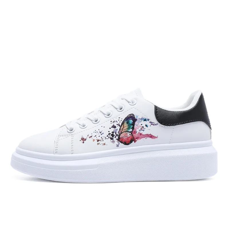 New Women Shoes Colorful Butterfly Pattern Decoration Casual Sneakers Thick-soled Height-enhancing White Shoes Lace-up Non-slip