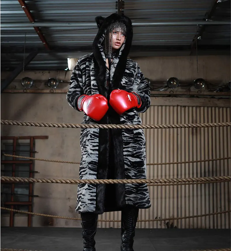 Winter new hot selling warm lamb coat women's black tiger coat with hat and ears cartoon plush coat imitation fur coat