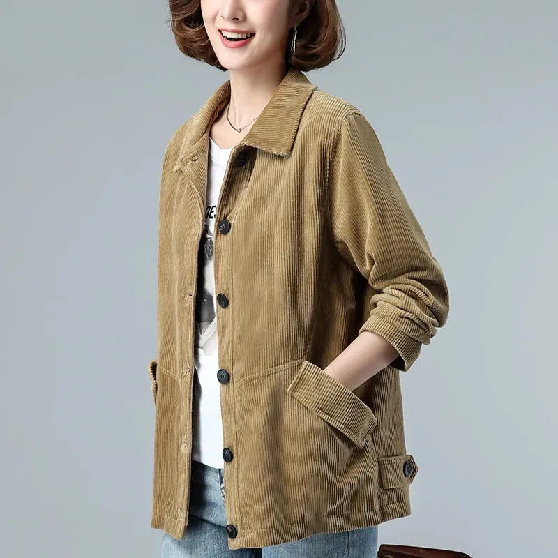 

Corduroy Jacket Middle-Aged And Elderly Mothers Coat Tops 2023 New Spring Autumn Single-Breasted Loose Short Outerwear Female